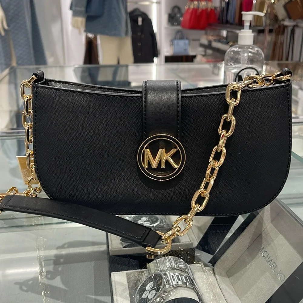 MICHAEL KORS CARMEN SMALL POUCHETTE SHOULDER CHAIN BAG BLACK/GOLD TONED HARDWARE - Picture 11 of 16